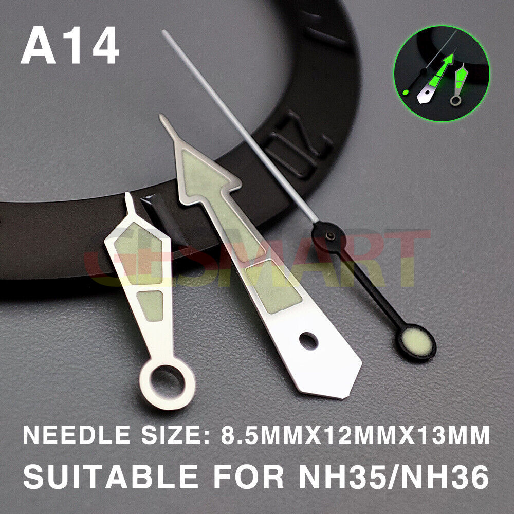 Green lume pointed 13mm watch hands with silver trim for Miyota NH35/NH36/NH38.