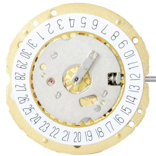 Ronda 785 quartz watch movement with date display at 3 o'clock, precise 3-hand mechanism for watch repairs.