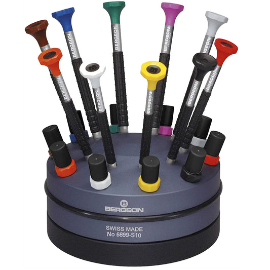 Bergeon 7899-S10 precision screwdrivers set in aluminum, sizes �0.5-�3.0 mm for watch repairs.