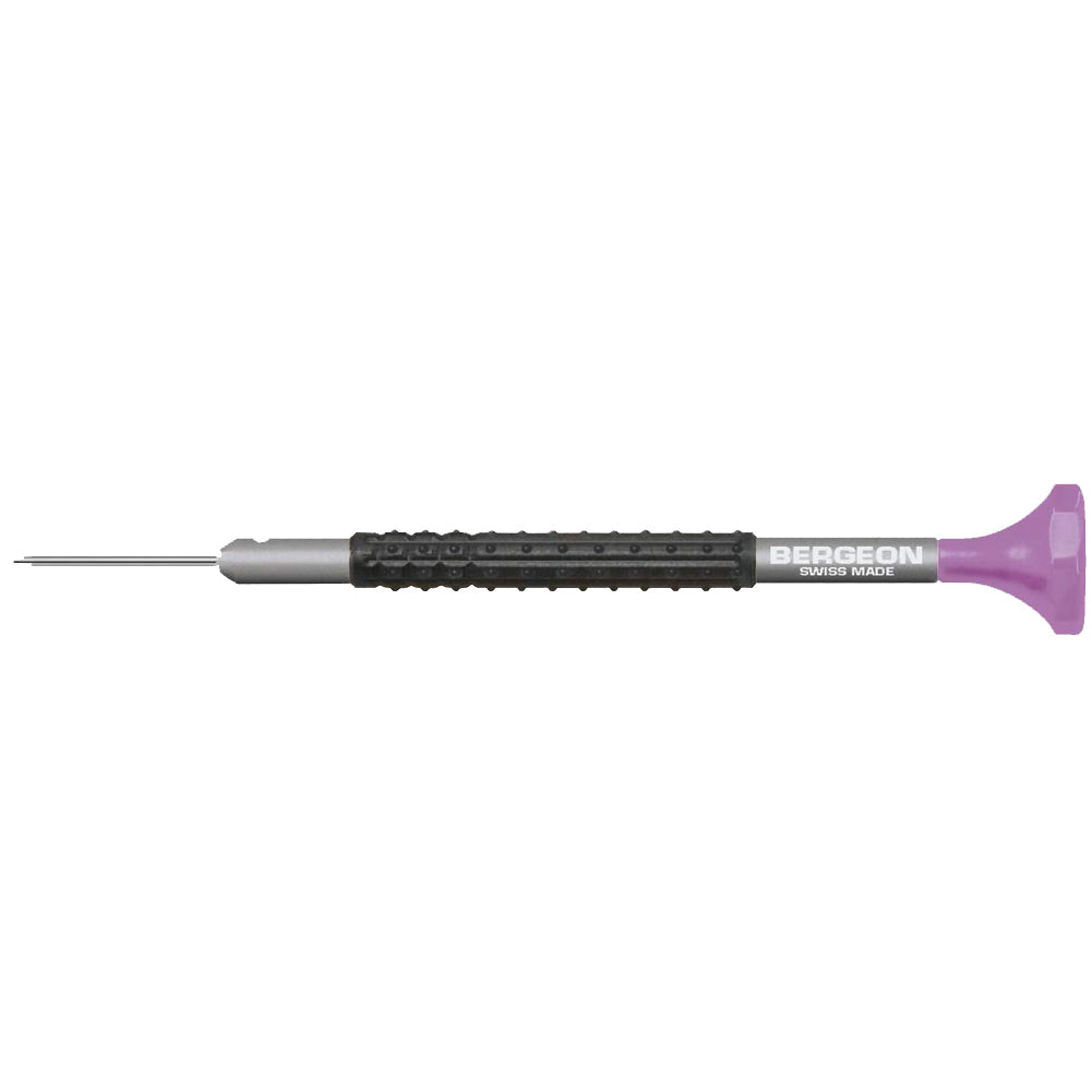 Bergeon 7899-S10 precision screwdrivers set in aluminum, sizes �0.5-�3.0 mm for detailed watch repairs.