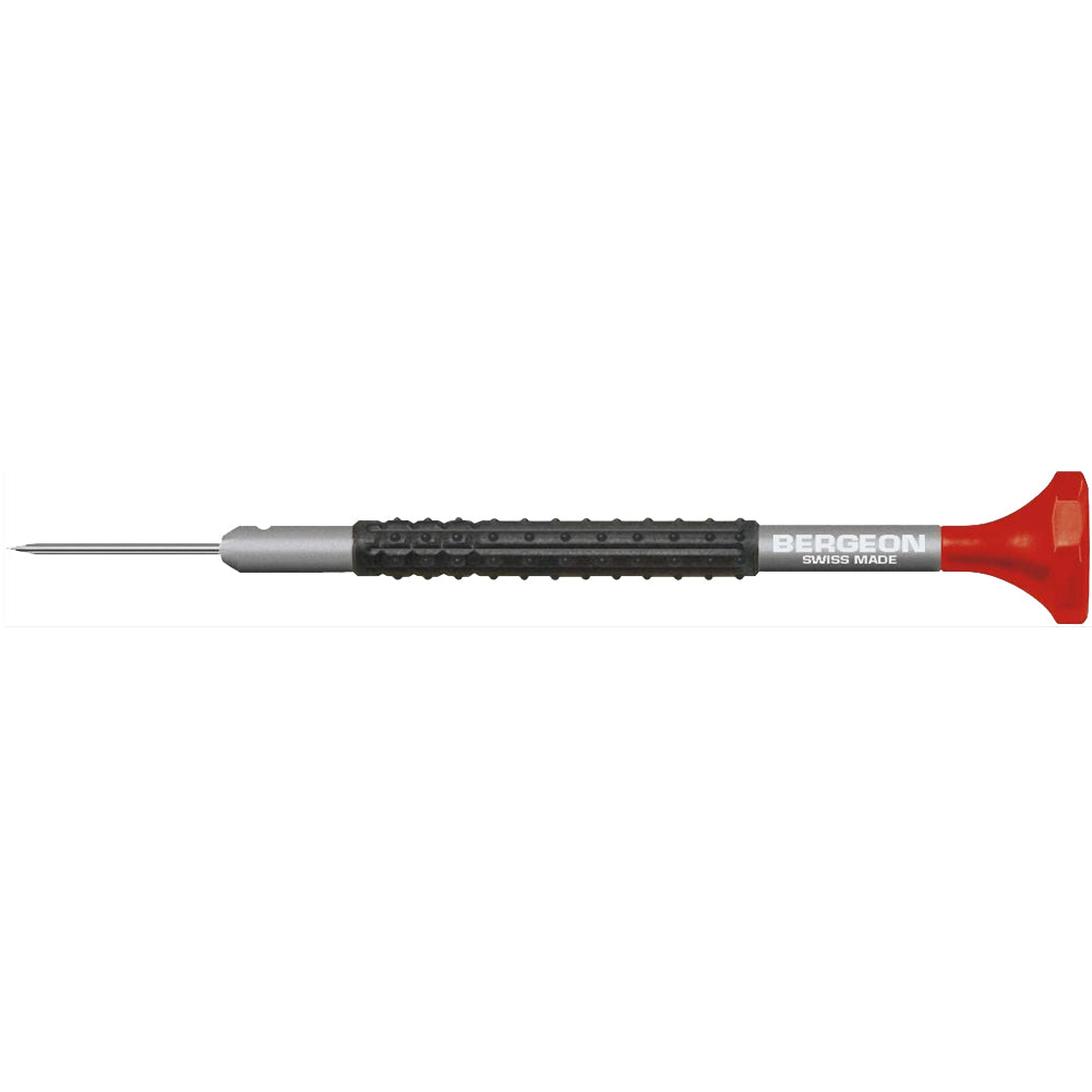 Bergeon 7899-S10 precision screwdrivers set in aluminum, sizes �0.5-�3.0 mm for detailed watch repair tasks.