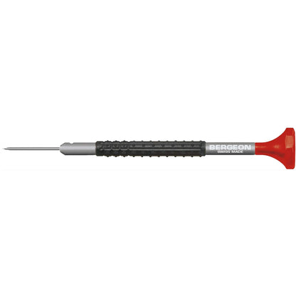 Bergeon 7899-S10 precision screwdrivers set in aluminum, sizes �0.5-�3.0 mm for detailed watch repair tasks.