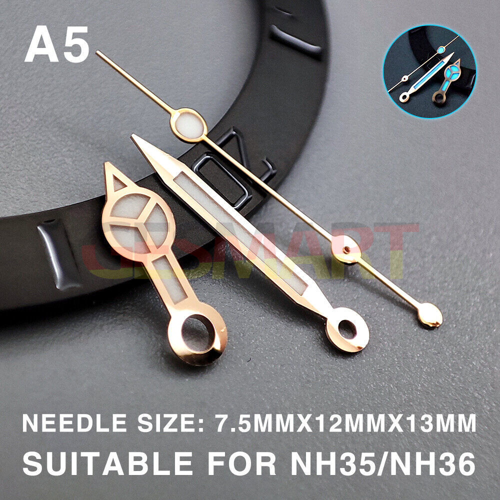 Blue luminous rose gold watch hands with 13mm length, compatible with Miyota NH35/NH36/NH38, stylish accessory.