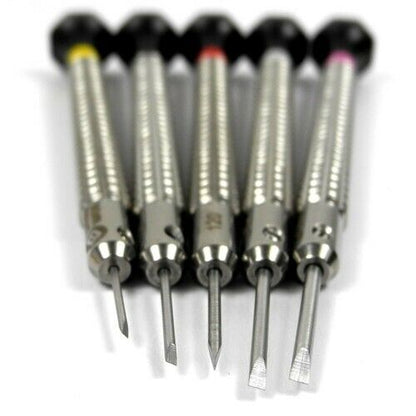 Bergeon 7965-P05 set of 5 stainless steel screwdrivers for precise watch repair tasks and delicate adjustments.