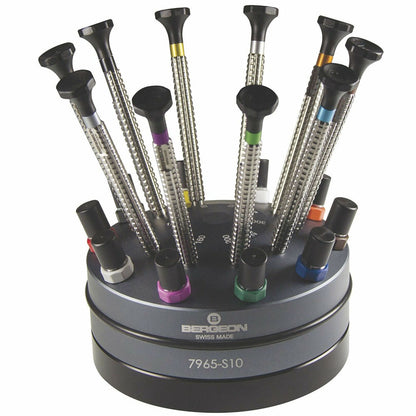 Bergeon 7965-S10 precision screwdrivers set with rotating stand for watch repair and adjustment.