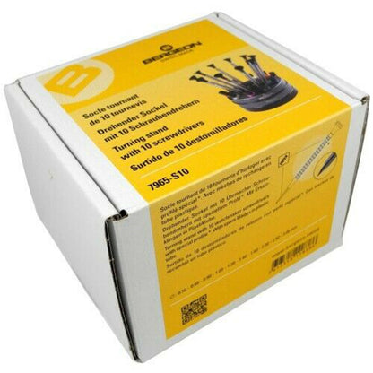 Bergeon 7965-S10 precision screwdrivers set with rotating stand for watch repair and adjustment.
