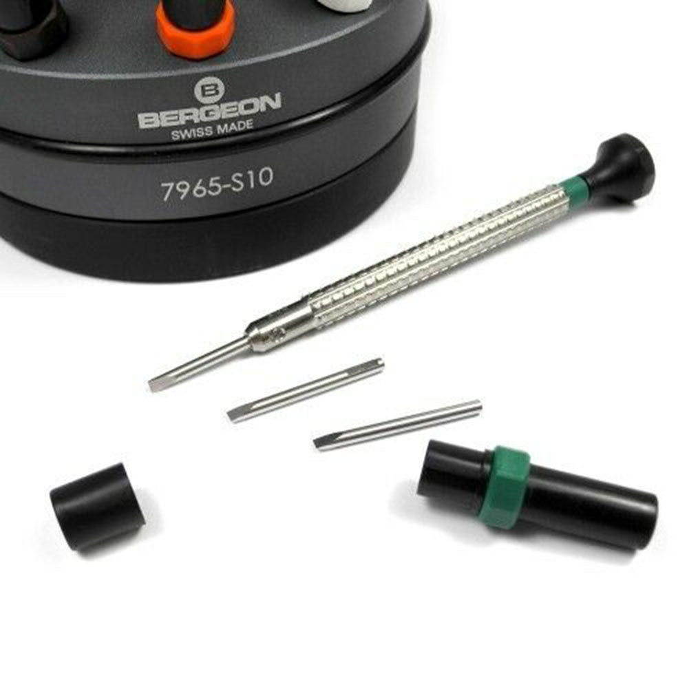 Bergeon 7965-S10 precision screwdrivers set with rotating stand for accurate watch repair and adjustment tasks.