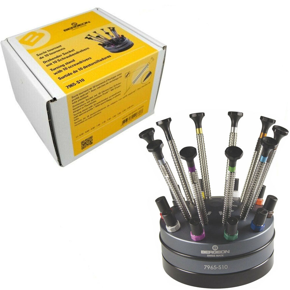 Bergeon 7965-S10 precision screwdrivers set with rotating stand for exact watch repair tasks.