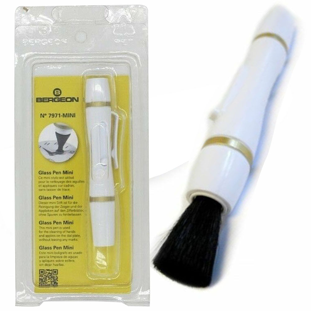 Bergeon 7971 Mini Glass Cleaning Pen gently polishes watch crystals, removing smudges and maintaining clarity.