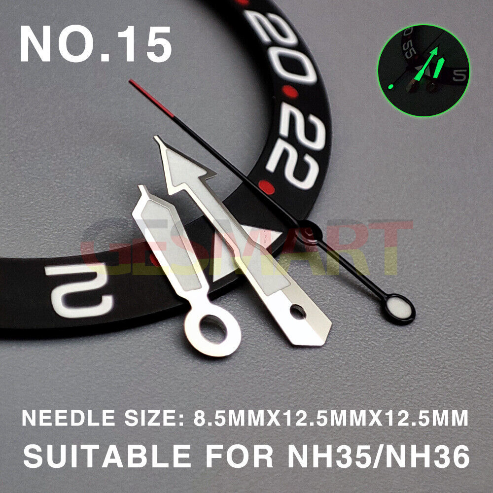 Green luminous silver trim 12.5mm watch hands for Miyota NH35/NH36/NH38 movement, precise timing accessory.