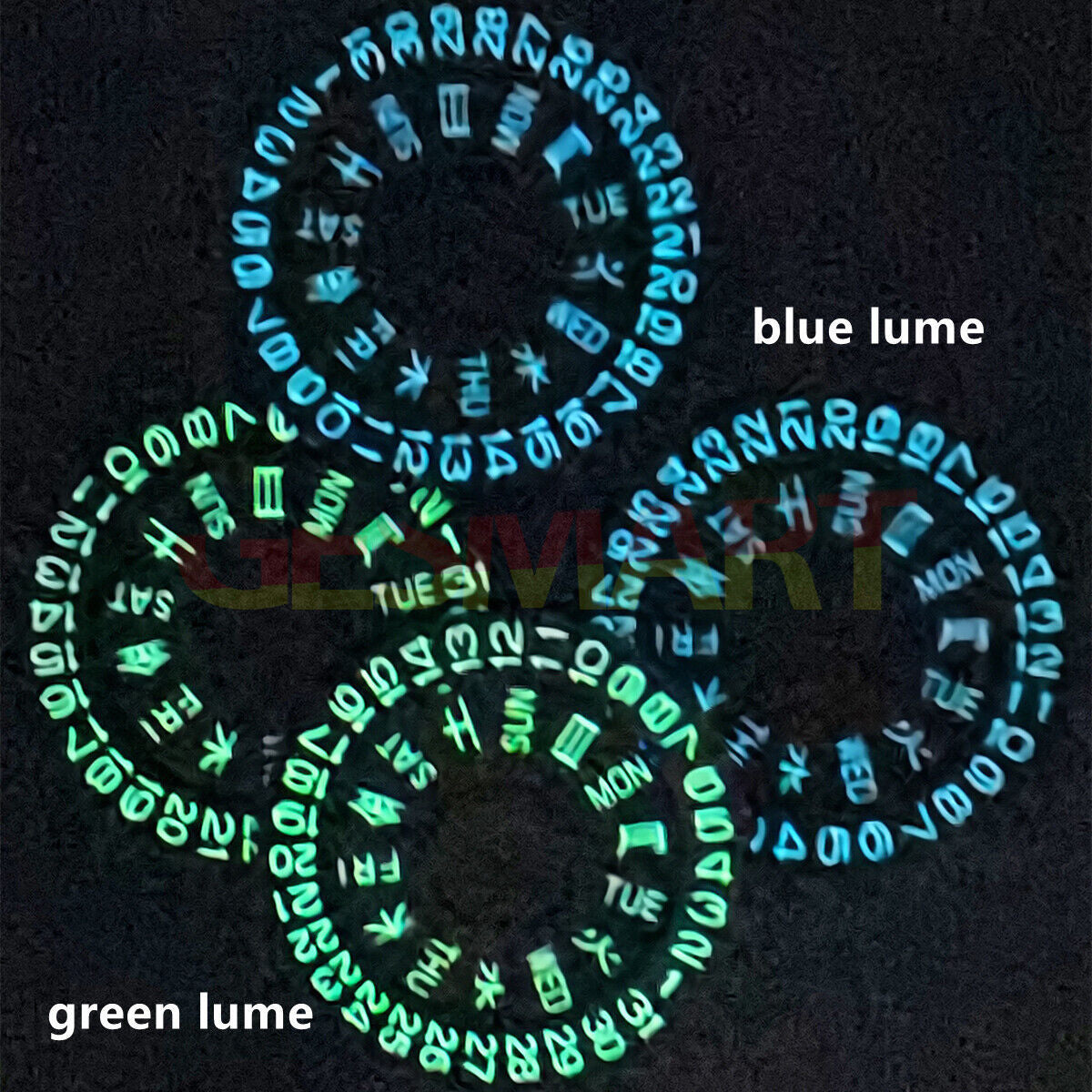 Green lume black date and week dial wheels compatible with NH36 movement, enhancing watch accessory precision.