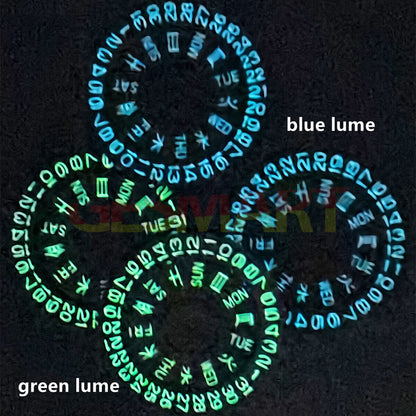 Green lume black date and week dial wheels compatible with NH36 movement, enhancing watch accessory precision.
