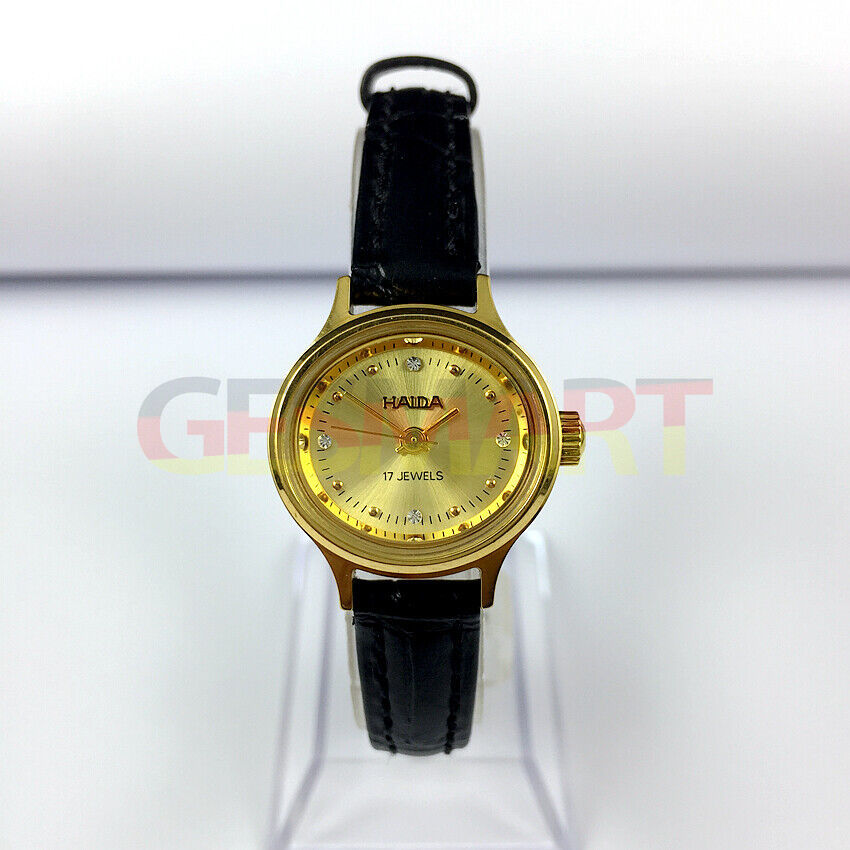 24mm HAIDA mechanical lady watch with oval gold case and imitation diamond accents, elegant accessory.