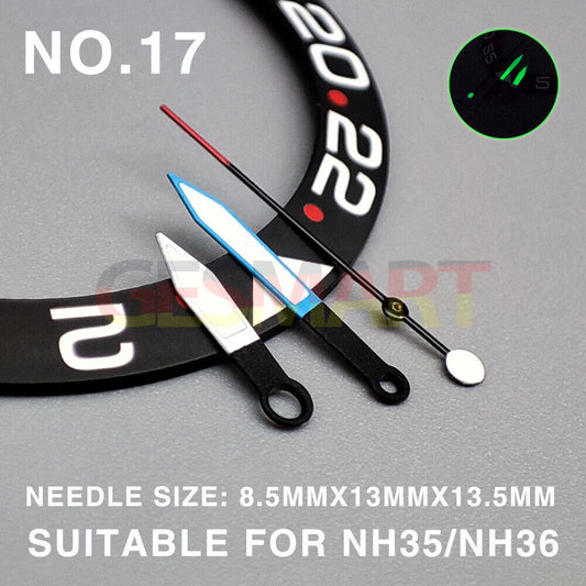 Green luminous watch hands with blue trim, 13.5mm, compatible with Miyota NH35/NH36/NH38 movements.