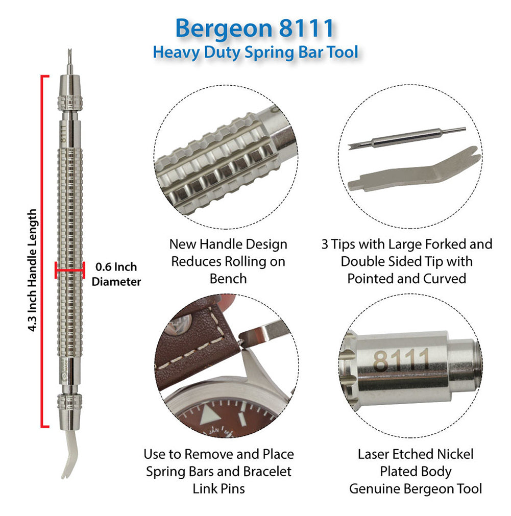 Bergeon 8111 Swiss spring bar tool for precise watch strap adjustments and repairs.