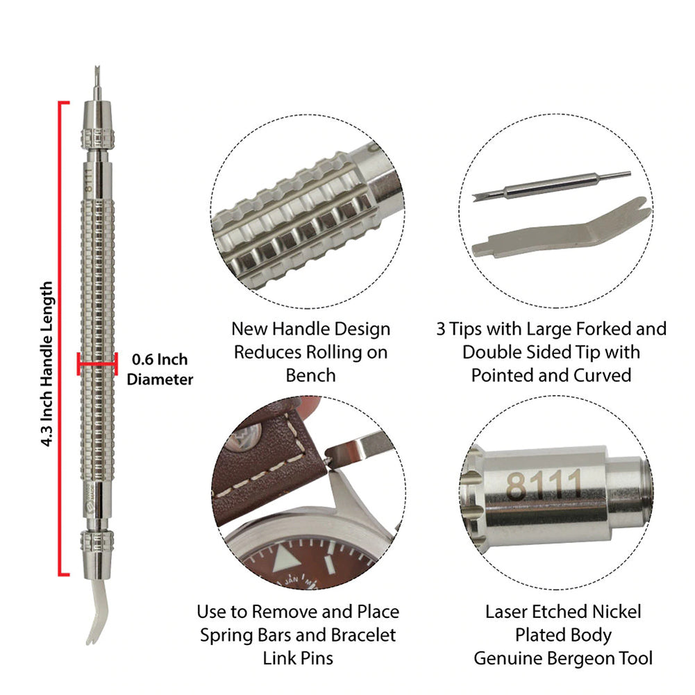 Bergeon 8111 spring-bar tool featuring ergonomic design for precise watch band fitting and removal.
