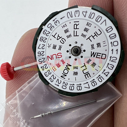 Quartz watch movement Miyota 2105 with 3 hands, day-date function, and watch stem by Miyota.