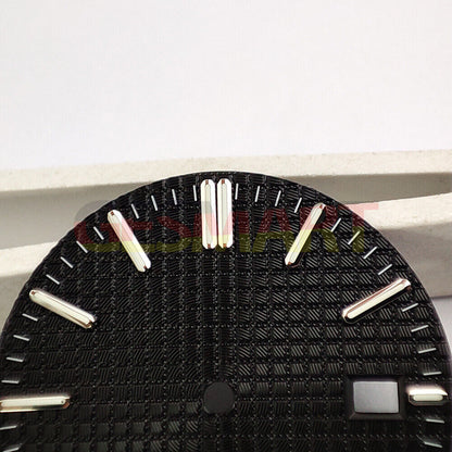 Green lume watch dial with silver trim and black check pattern, compatible with NH35 movement,.