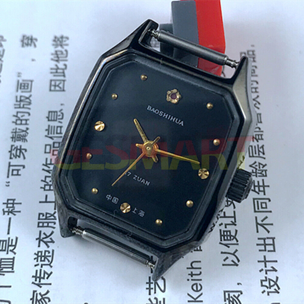 Shanghai 28mm manual mechanical lady watch with black dial and square case, 17 jewels, elegant style.