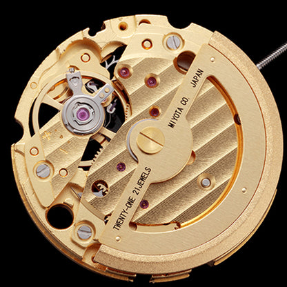 Miyota Citizen 82S0 gold-plated automatic watch movement showing intricate mechanical parts for accuracy.