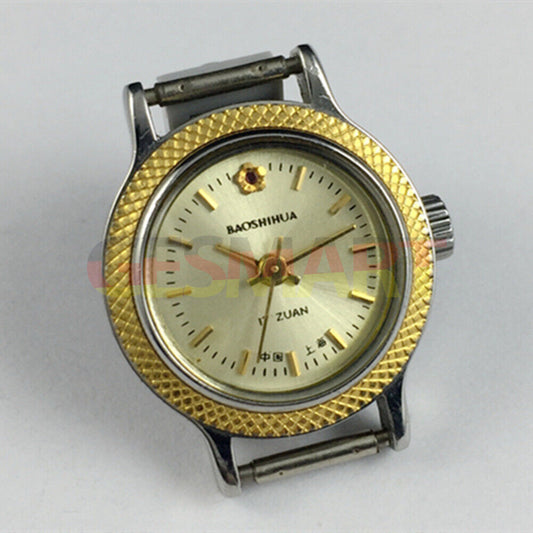 Shanghai Manual Lady Watch with golden nails, yellow dial, round case, 17 jewels, elegant design.