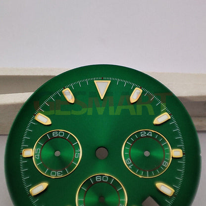 Green luminous matted dial designed for VK63 quartz movement watches, enhancing visibility and style.