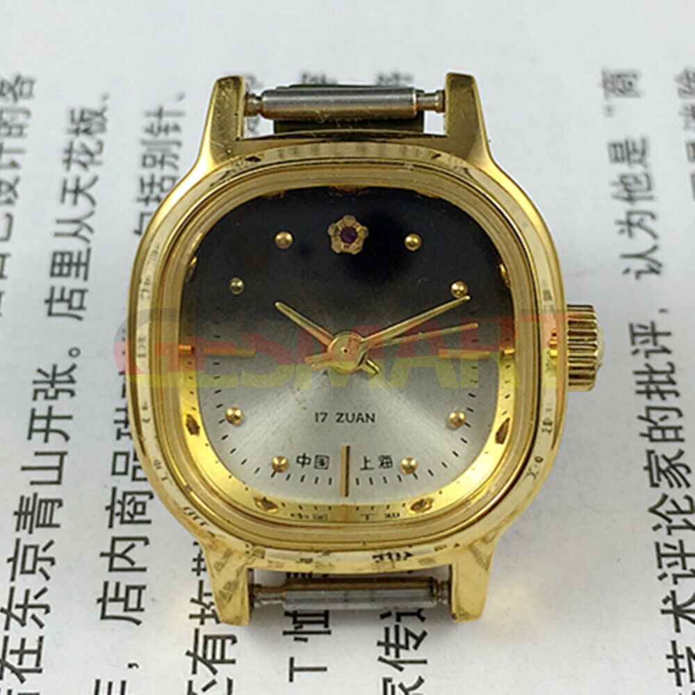 Elegant 23mm Shanghai Lady Watch with golden nail square case, manual mechanical movement, 17 jewels.