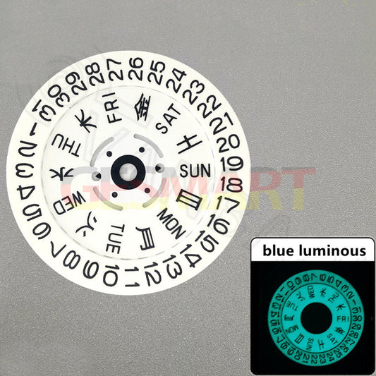 Japanese font blue lume watch dial with white date and week wheels for NH36 movement