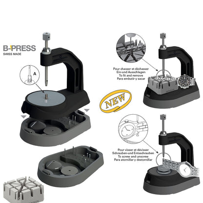 Bergeon 8745 watch band press tool for precise bracelet link removal and adjustment.