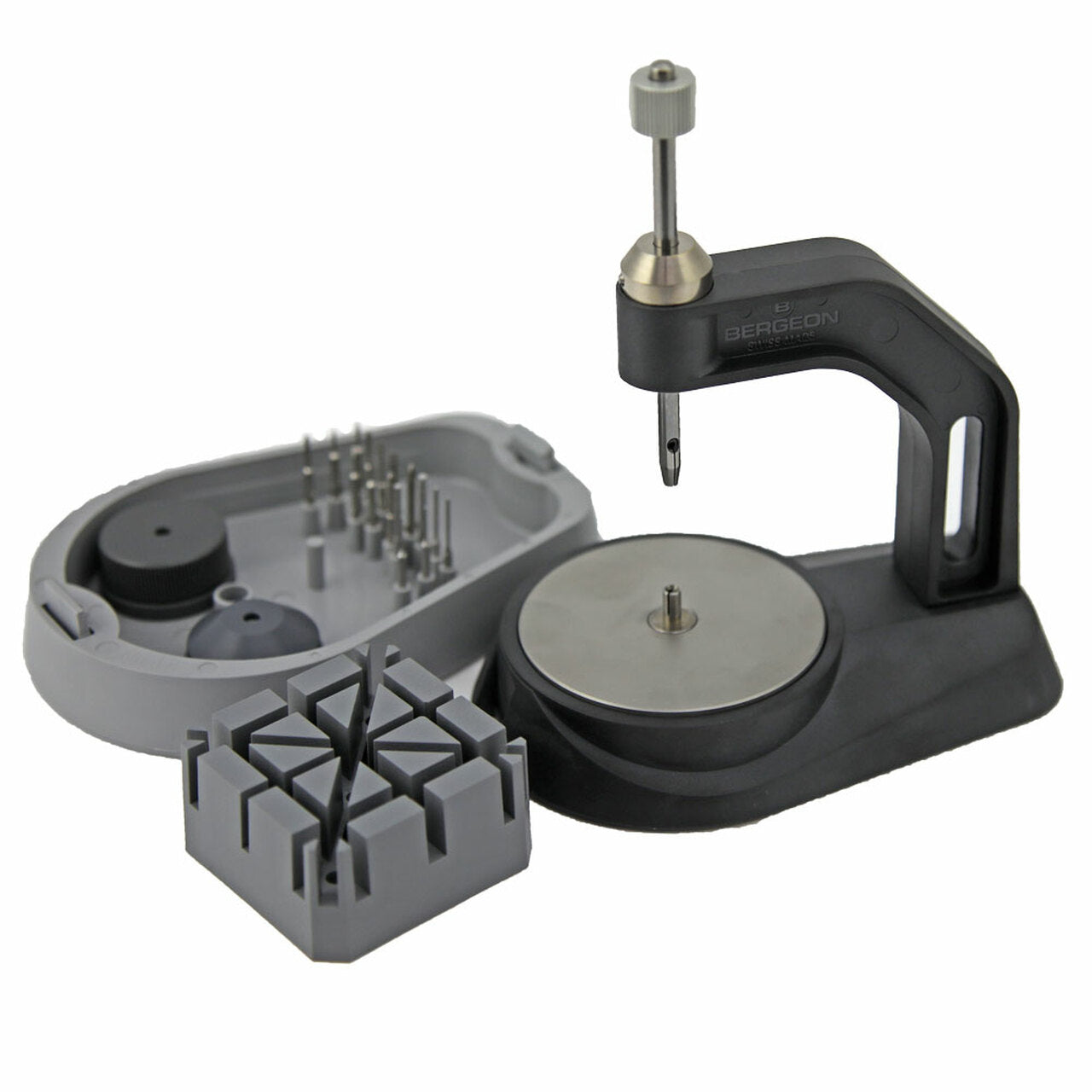 Bergeon 8745 watch band press tool for precise bracelet shortening and link removal.