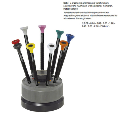 Bergeon 8899-S09 antimagnetic screwdriver set with ergonomic handles for precise watch repair tasks.