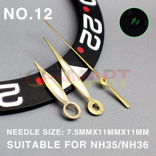 Green lume golden trim fusiform watch hands, compatible with Miyota NH35/NH36/NH38 movements.