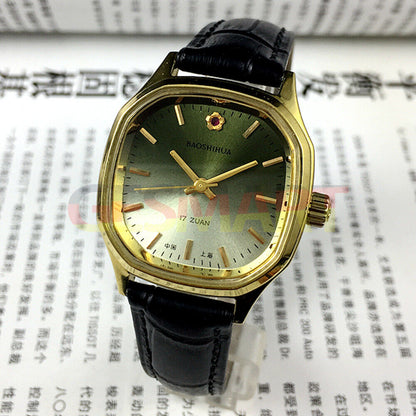 Shanghai 33mm manual mechanical watch with golden markers, gradient green dial, 17 jewels for elegant wear.