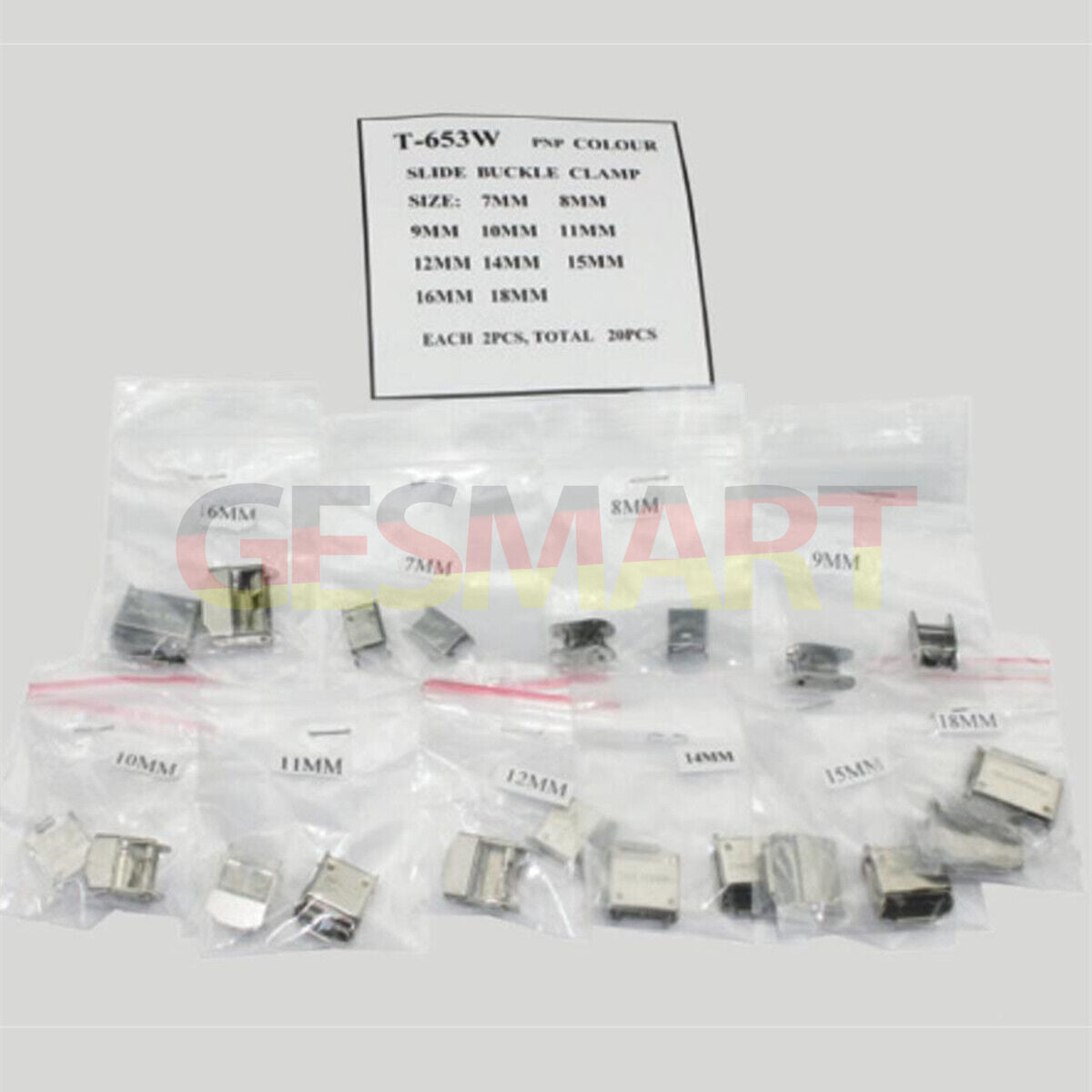 1. Set of 20 silver slide watch buckles, sizes 7-18mm, perfect for secure watch strap adjustments.  