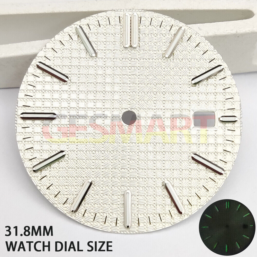 Green lume watch dial with silver trim and white check pattern, designed for NH35 movement
