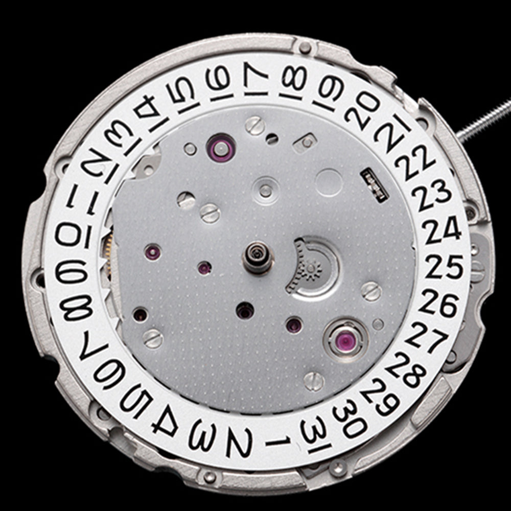 Miyota Citizen 9015 automatic watch movement with dual date display, precision Japan-made mechanism.