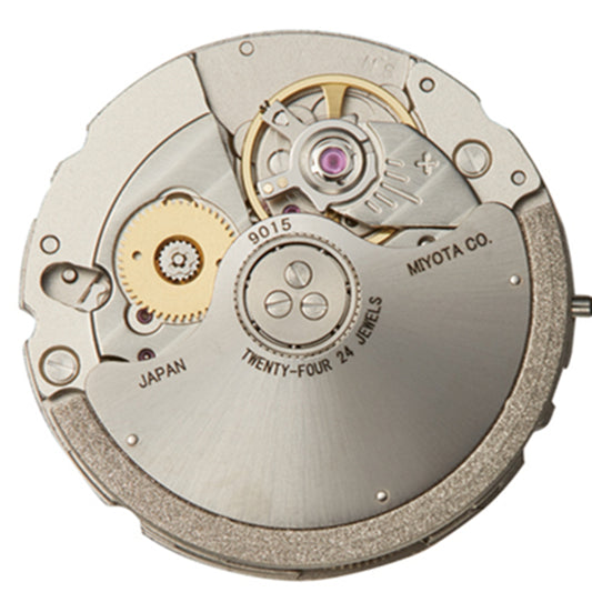 Miyota Citizen 9015 automatic movement with date display at 3 and 6 o?clock, Japan made.