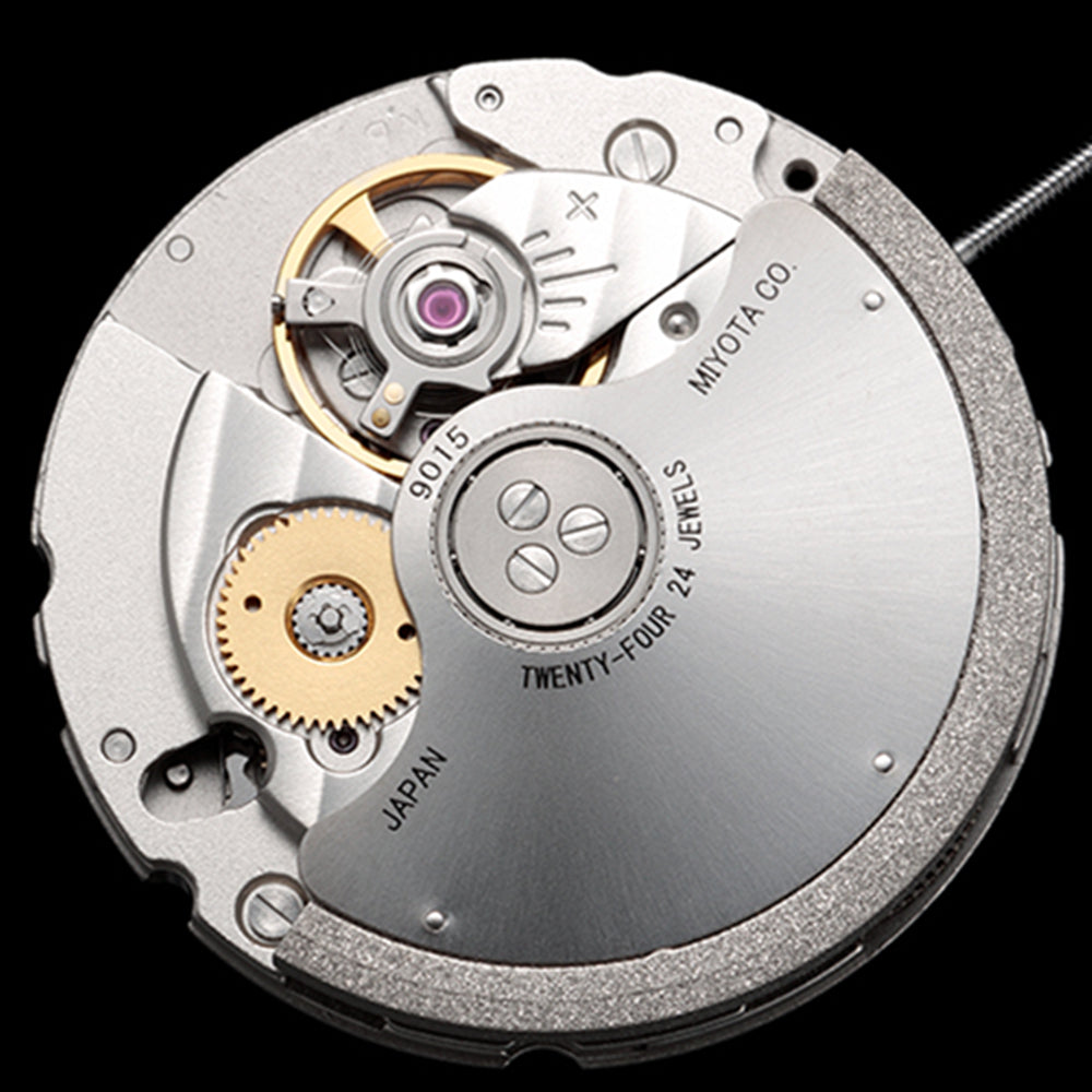 Miyota Citizen 9015 automatic watch movement showing date at 3 and 6 o?clock, Japan made.