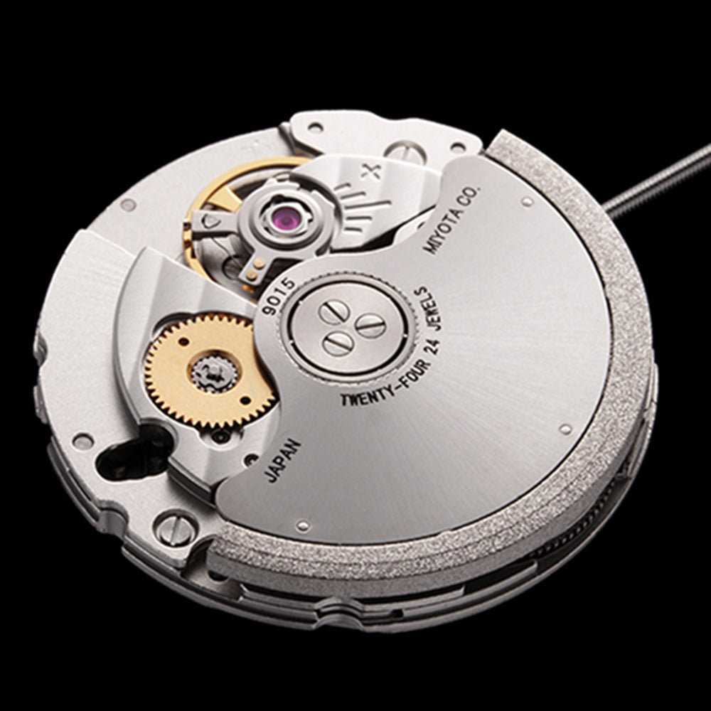 Miyota Citizen 9015 automatic watch movement with dual date display, precision Japanese engineering.