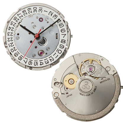 Miyota Citizen 9015 automatic watch movement showing date display at 3 and 6 o?clock, Japan made.