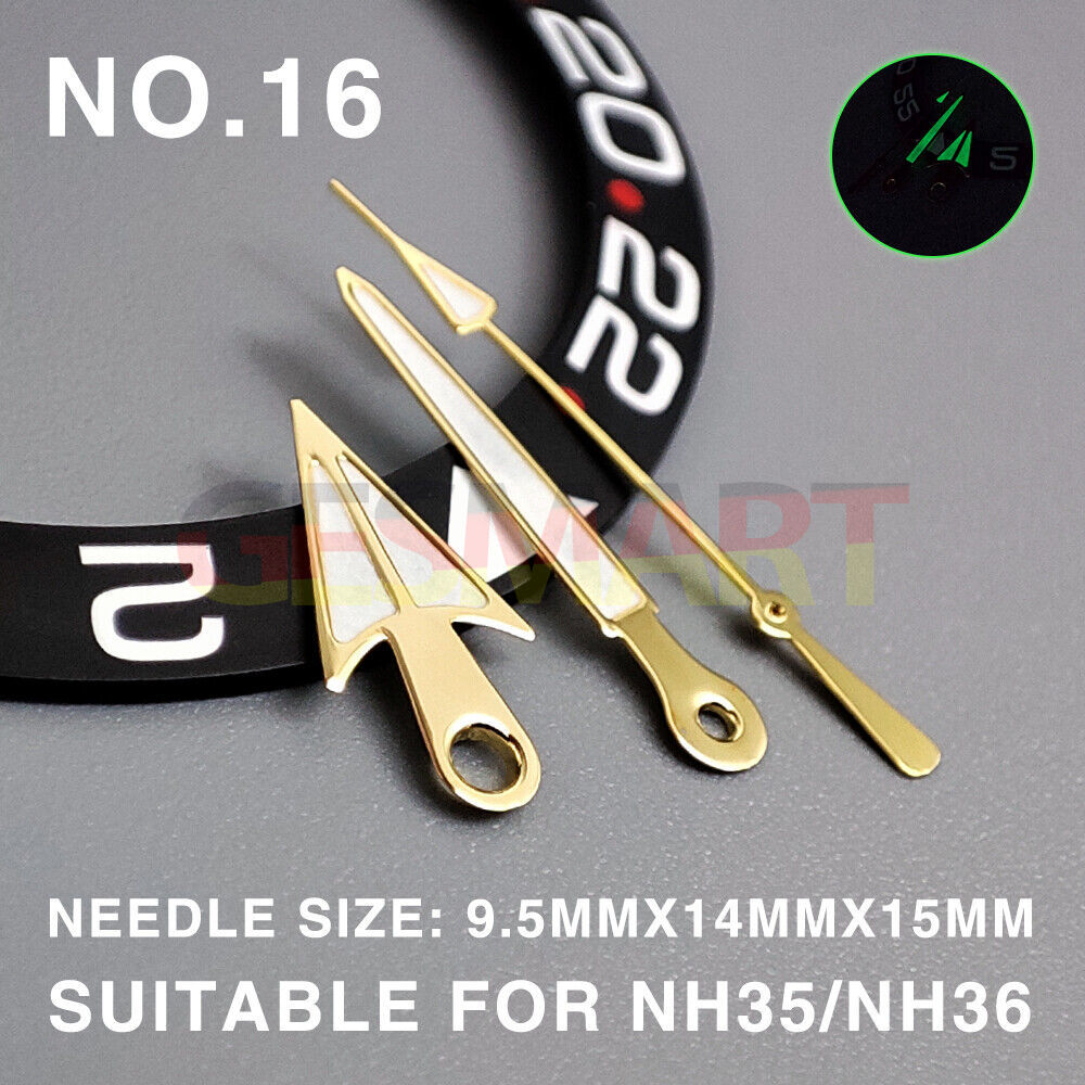 Arrow-shaped golden trim lume watch hands for Miyota NH35/NH36/NH38, 15mm precision fit.