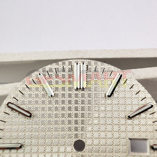 Green lume watch dial with silver trim and white check pattern, designed for NH35 movement