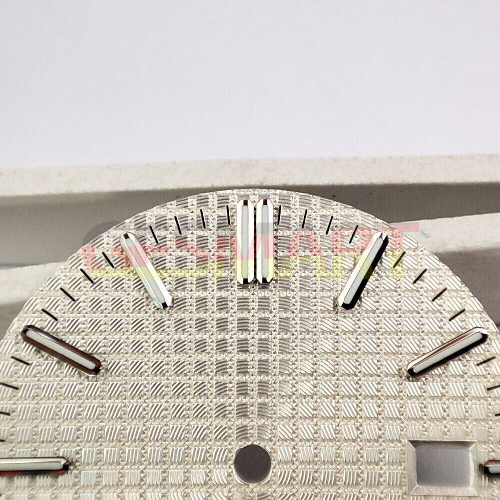 Green lume watch dial with silver trim and white check pattern, designed for NH35 movement