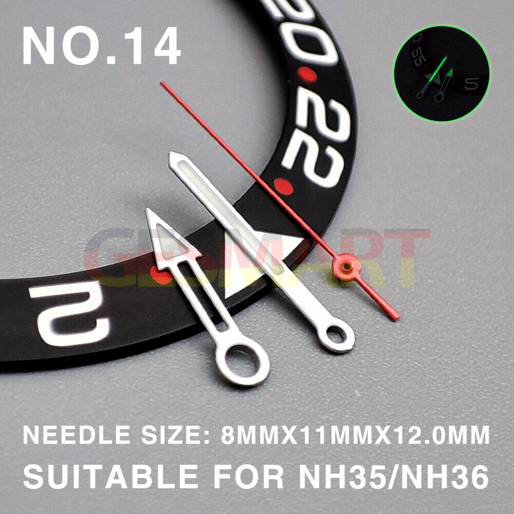 Green lume pointed arrow watch hands with silver trim for Miyota NH35/NH36/NH38, enhancing visibility and style.