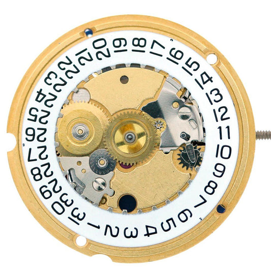 ETA 956.412 quartz watch movement showing three hands and date window at 3/6, Swiss precision.
