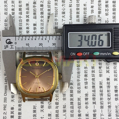 33mm Shanghai manual watch with brown dial, golden nail markers, 17-jewel movement, square case design.