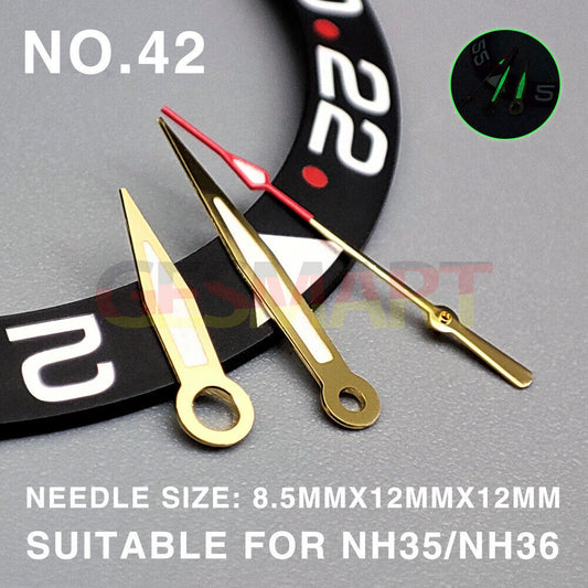 Green luminous pointed watch hands with golden trim, 12mm size, compatible with Miyota NH35/NH36/NH38.