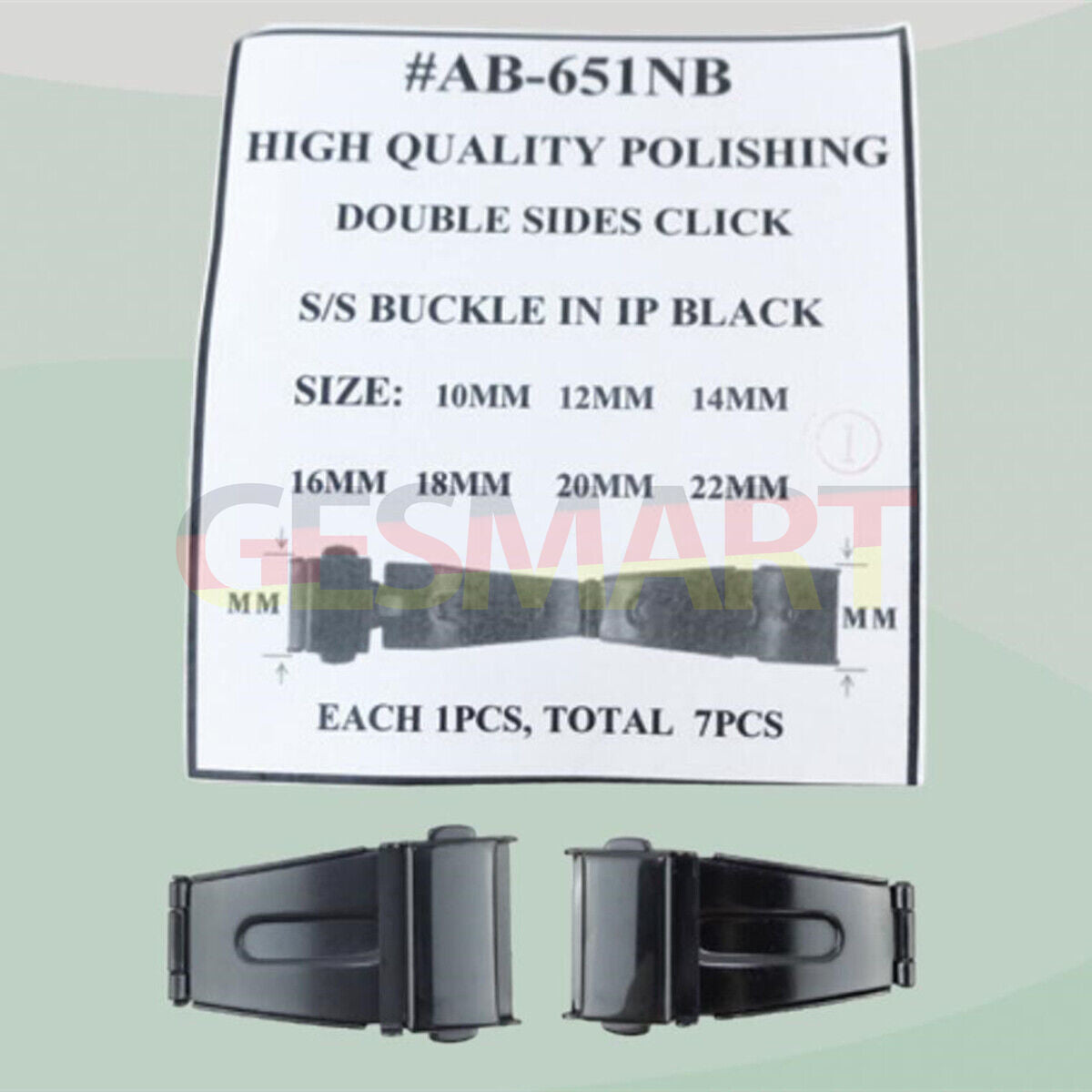 Set of 7 black 10-22mm stainless steel double-sided polished watch buckles. Durable & stylish accessories.