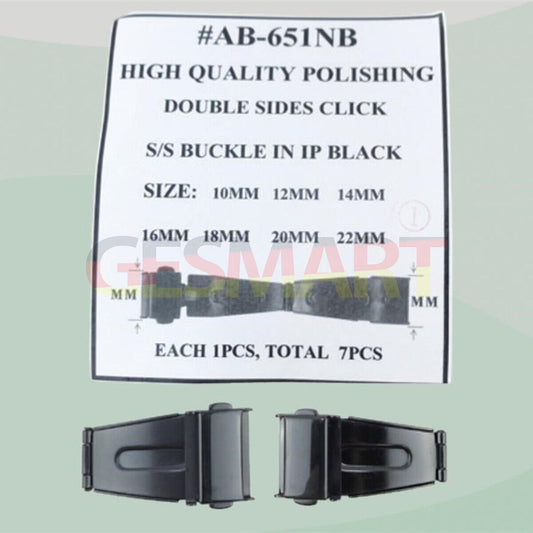 Set of 7 black 10-22mm stainless steel double-sided polished watch buckles. Durable & stylish accessories.