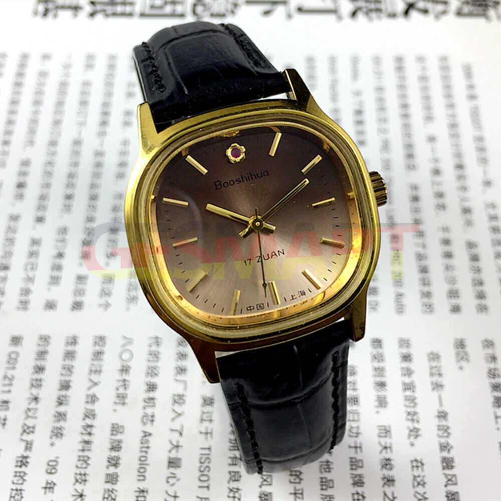34mm Shanghai Manual Mechanical Watch with Golden Nail markers, Brown Dial, Square Case, 17 Jewels for classic style